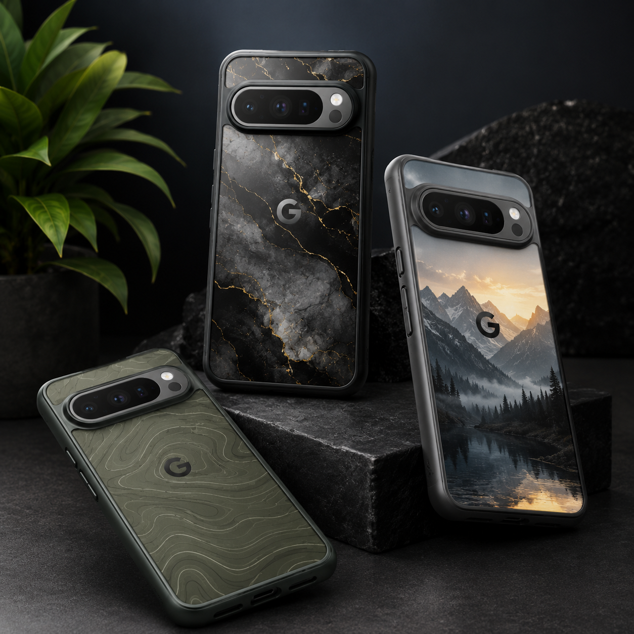 Three Google Pixel cases displayed on dark stone surfaces featuring black marble with gold veining, mountain landscape, and olive topographic designs